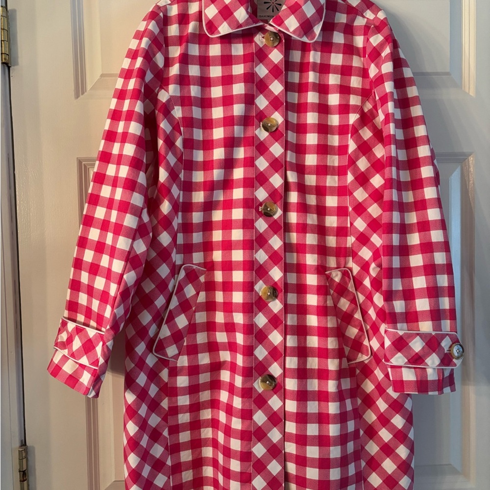 Isaac Mizrahi Live Pink and White Gingham Car Coat Trench - Picture 5 of 13